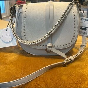 Rachel Zoe Cream Crossbody Bag with Studded Flap and Chain Strap